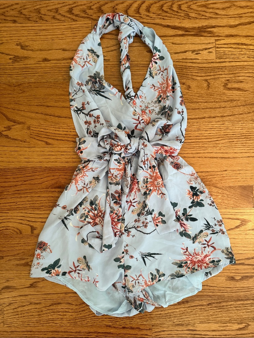 Solemio Light Blue Floral Halter Tie-Front One-Piece Romper
